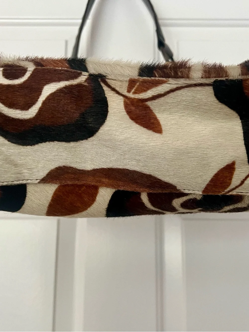 Maurizio Taiuti Cow Hide Cream Tote with Brown and Black Floral Print